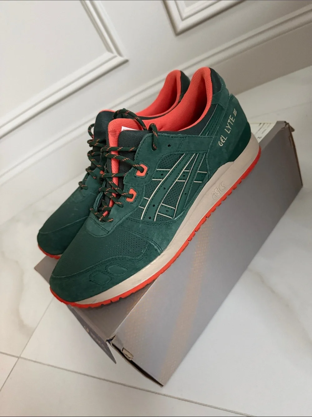 ASICS Men's Green Suede Athletic Sneakers with Coral Accents